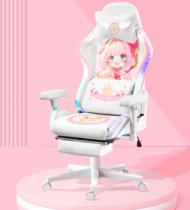 Pink and white illustrated chair from the current collection